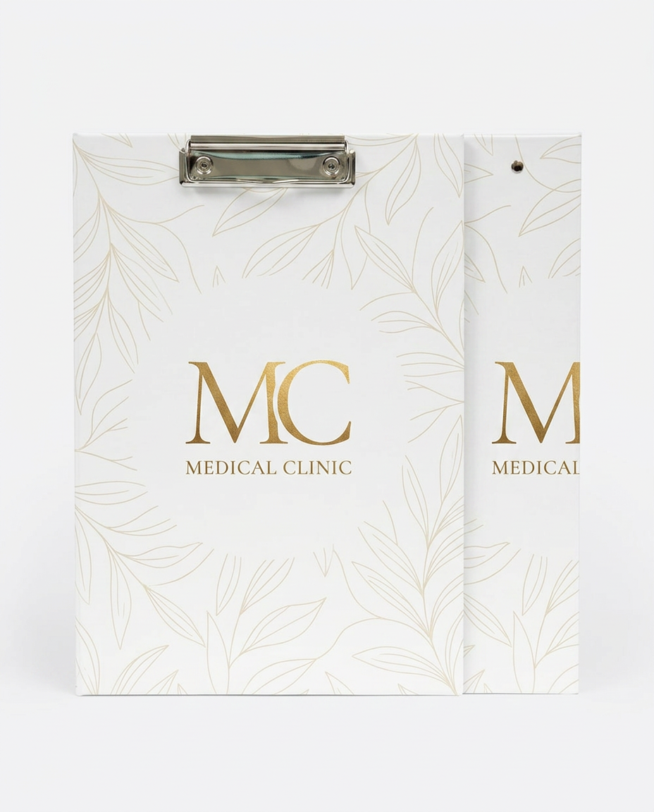 Clipboard medyczny z personalizowanym projektem na recepcji kliniki